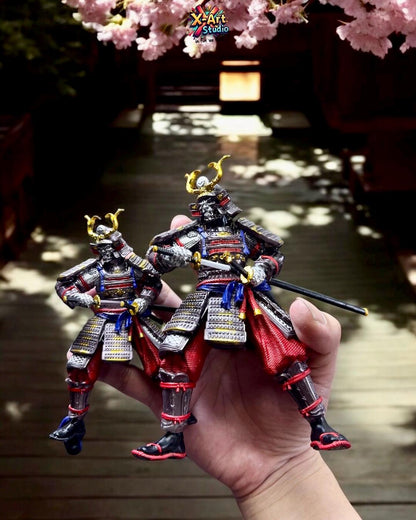 Hand Painted Samurai Armor Statue – Blue & Red Ronin Warrior Figurine, Resin Japanese Swordsman Collectible