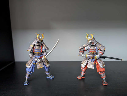 Hand Painted Samurai Armor Statue – Blue & Red Ronin Warrior Figurine, Resin Japanese Swordsman Collectible