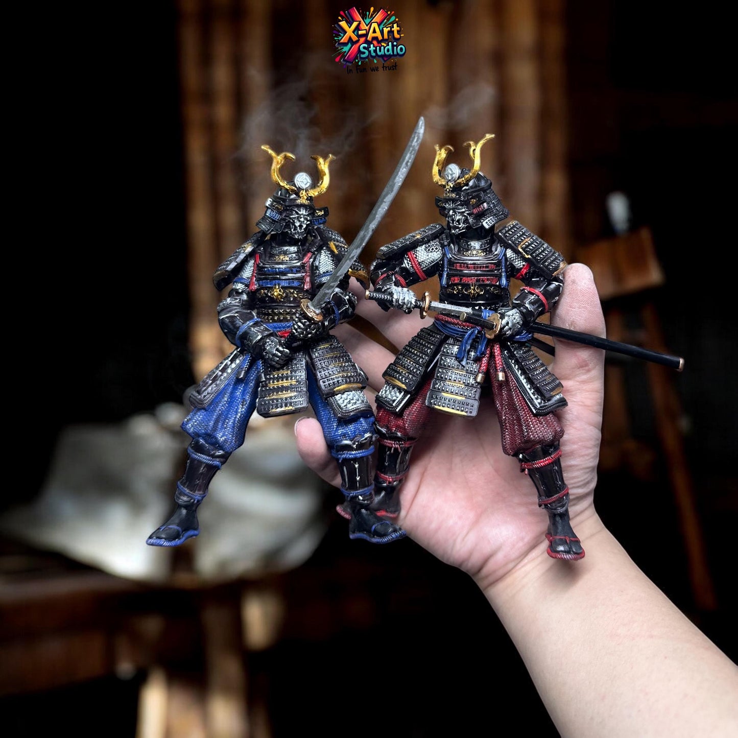 Hand Painted Samurai Armor Statue – Blue & Red Ronin Warrior Figurine, Resin Japanese Swordsman Collectible