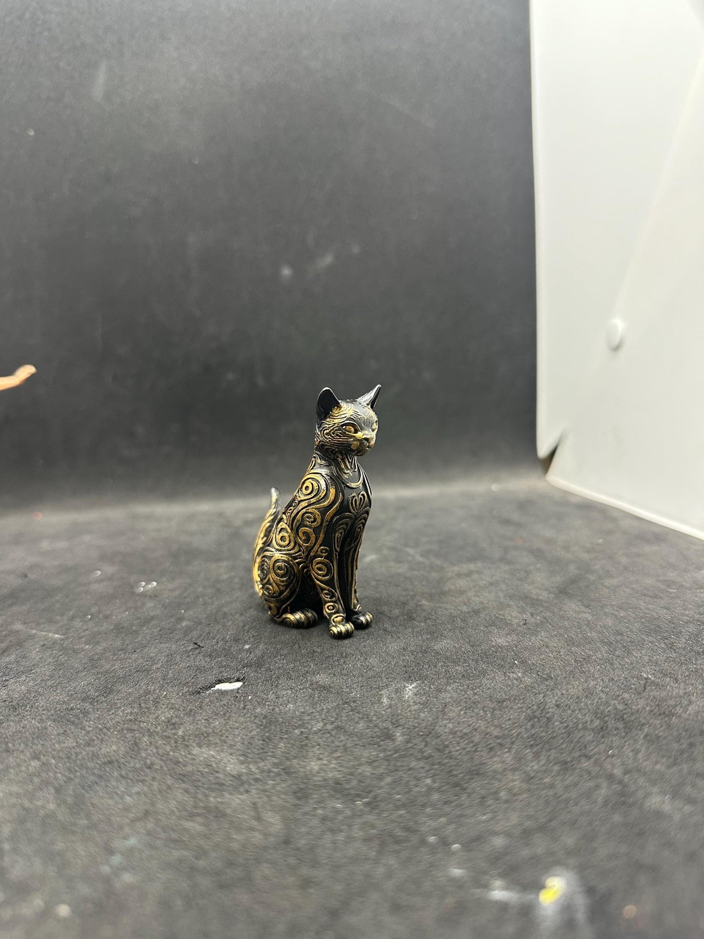 Hand Painted Egyptian Cat Statue – Bastet Style Figurine, Black Gold Decor, Mystical Sculpture