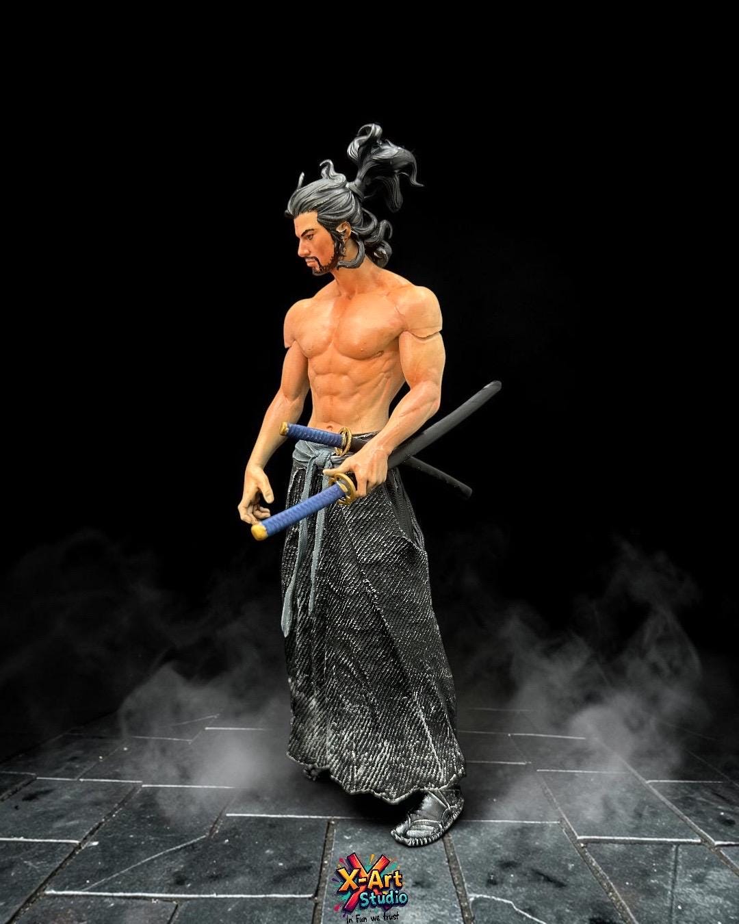 Hand Painted Samurai Statue – Miyamoto Musashi Inspired Swordsman, Ronin Warrior Figurine, Japanese Bushido Decor