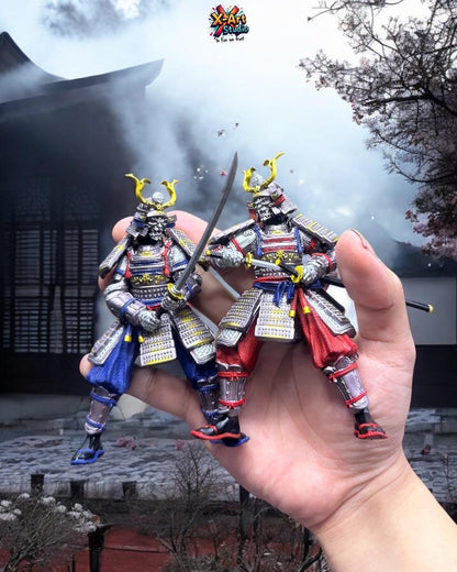 Hand Painted Samurai Armor Statue – Blue & Red Ronin Warrior Figurine, Resin Japanese Swordsman Collectible