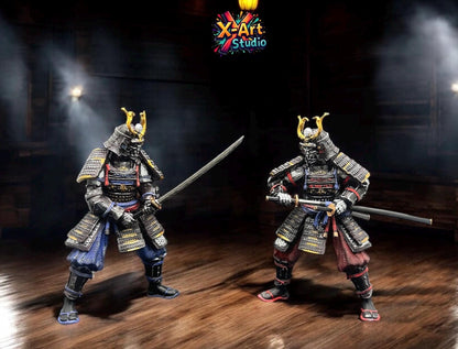 Hand Painted Samurai Armor Statue – Blue & Red Ronin Warrior Figurine, Resin Japanese Swordsman Collectible