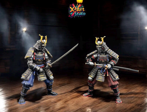 Hand Painted Samurai Armor Statue – Blue & Red Ronin Warrior Figurine, Resin Japanese Swordsman Collectible